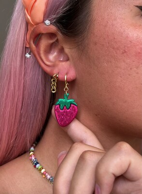 Sparkly Strawberry, Glitter Strawberry Earring, Lightweight, Fruit Earring - image3